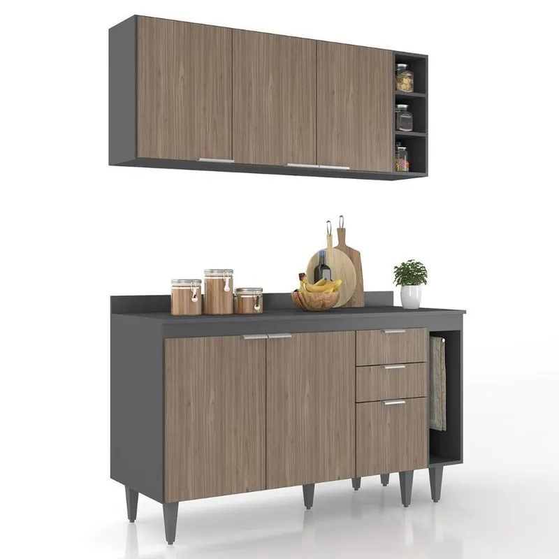 Armário De Cozinha Com Tampo Cp08 140cm Pérola Grafite/freijó Z34 - Mpozenato