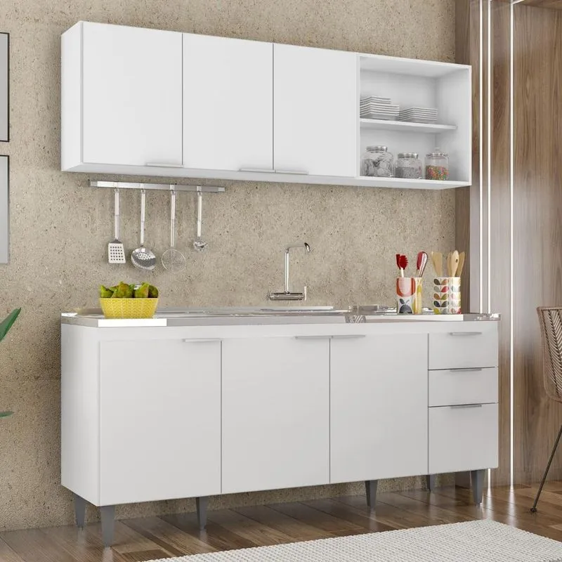 Armário De Cozinha Cp10 Com Pia 180cm Pérola Z34 Branco - Mpozenato
