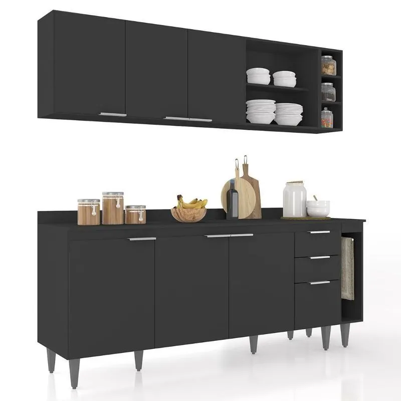 Armário De Cozinha Com Tampo Cp11 200cm Pérola Preto Z34 - Mpozenato