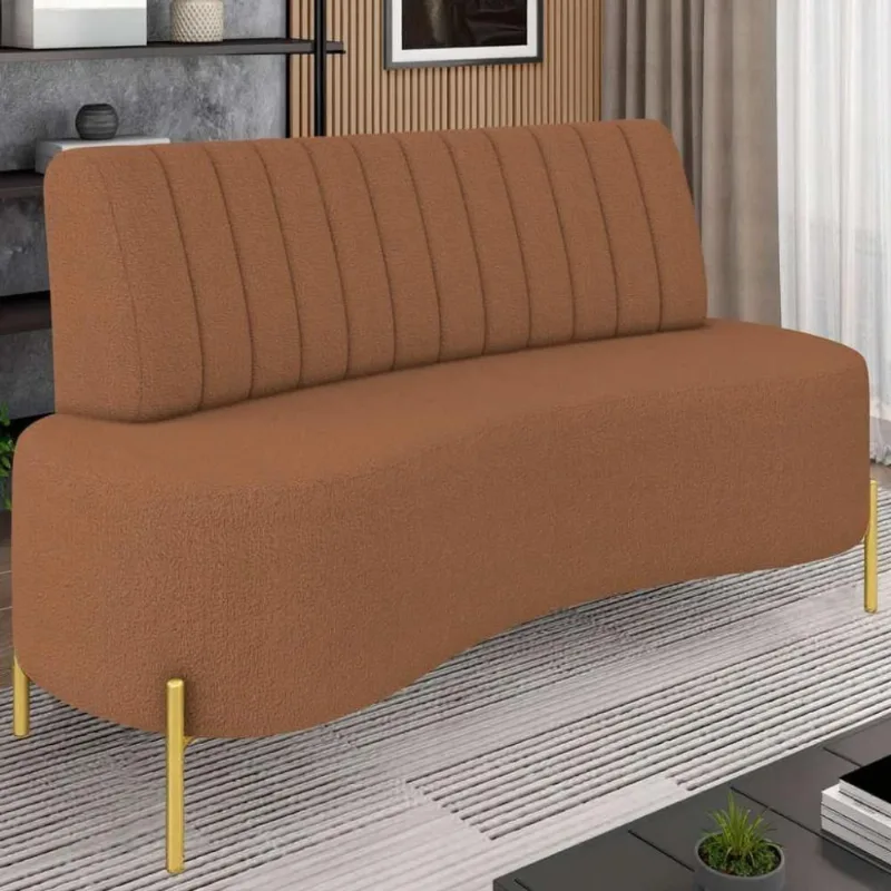 Sofá 2 Lugares 135cm Pés Aço Dourado Tamar Boucle Terracota Z08 - Mpozenato