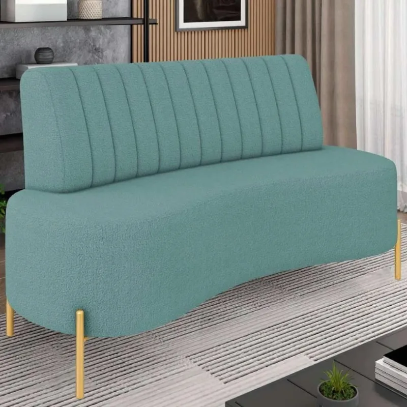 Sofá 2 Lugares 135cm Pés Aço Dourado Tamar Boucle Azul Z08 - Mpozenato