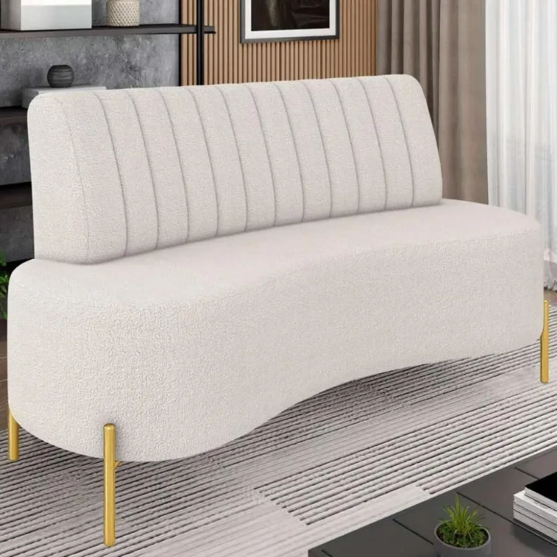 Sofá 2 Lugares 135cm Pés Aço Dourado Tamar Boucle Bege Z08 - Mpozenato