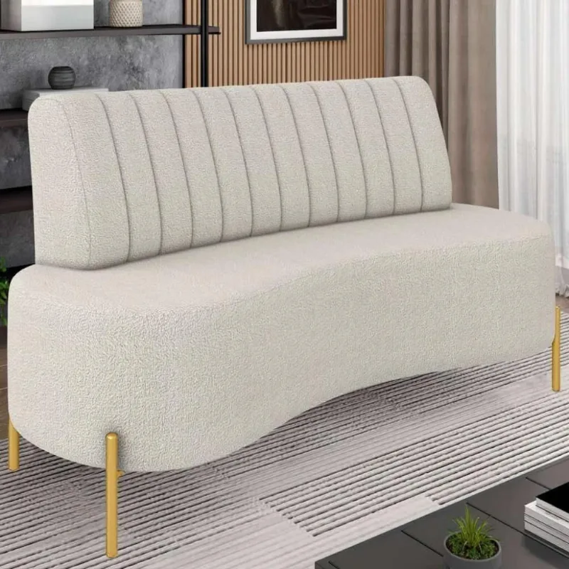 Sofá 2 Lugares 160cm Pés Aço Dourado Tamar Boucle Areia Z08 - Mpozenato