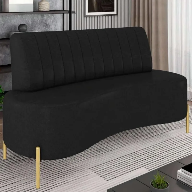 Sofá 2 Lugares 160cm Pés Aço Dourado Tamar Sintético Preto Z08 - Mpozenato - Mpozenato