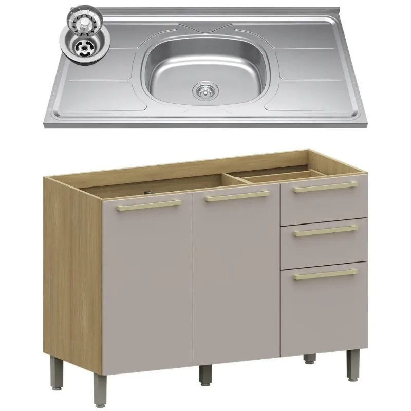 Balcão de Cozinha Mirella 2 Portas 3 Gavetas MDP 120CM Freijó e Cinammon Mpozenato