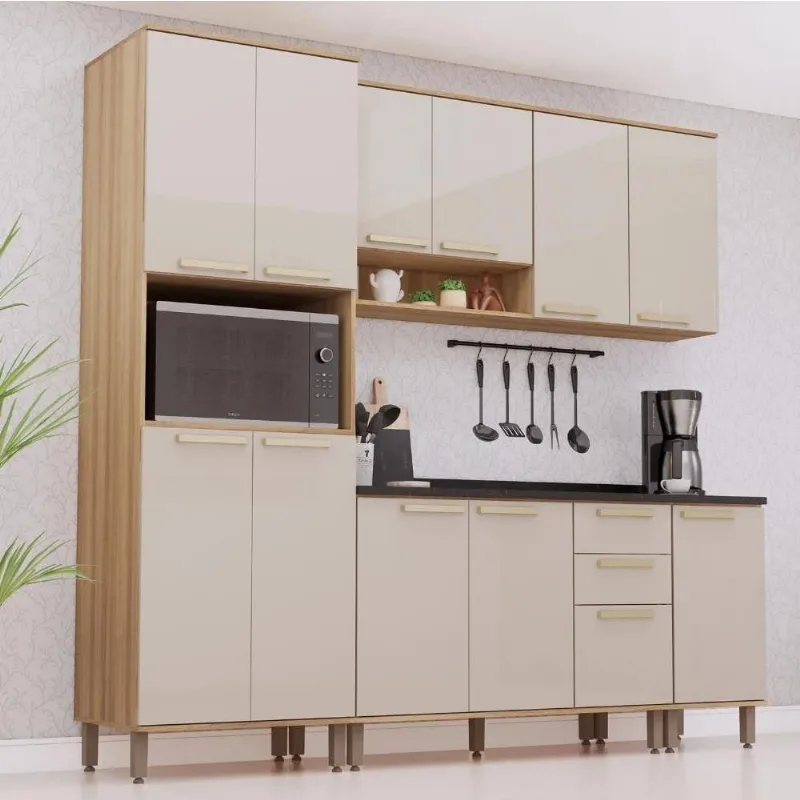 Armário Cozinha 5 Peças Nádia 12 Portas 2 Gavetas MDP e MDF 230CM Mocca Avelã Mpozenato