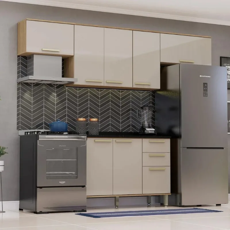 Armário Cozinha 4 Peças Nádia 8 Portas 2 Gavetas MDP e MDF 260CM Mocca Avelã Mpozenato