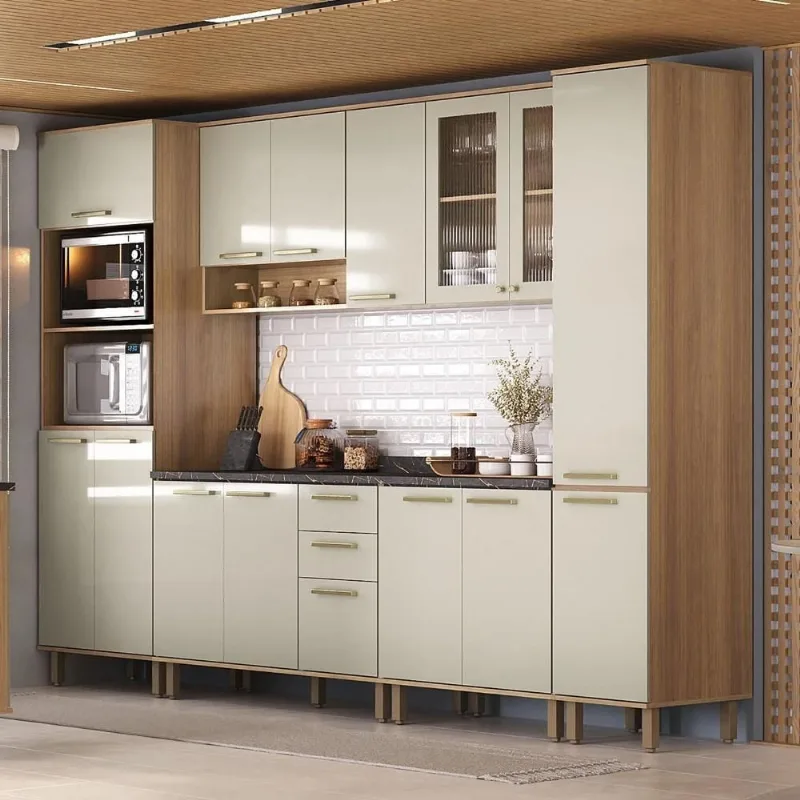 Armário Cozinha 6 Peças Nádia 15 Portas 2 Gavetas MDP MDF 310CM Mocca Avelã Mpozenato