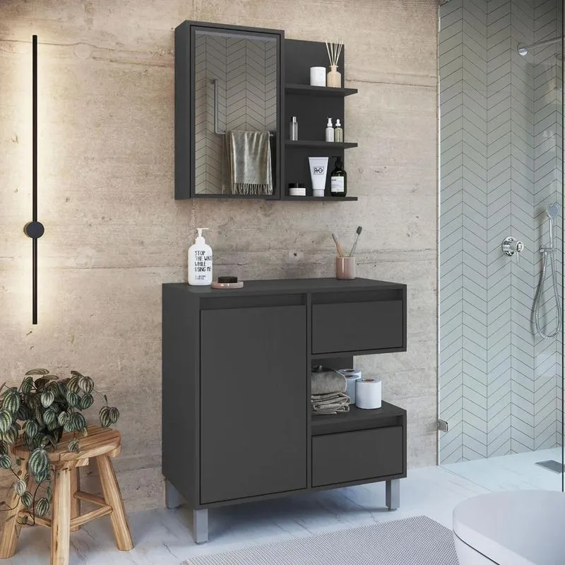 Gabinete Banheiro 80cm E Espelheira 70cm Clari Grafite F10 - Mpozenato