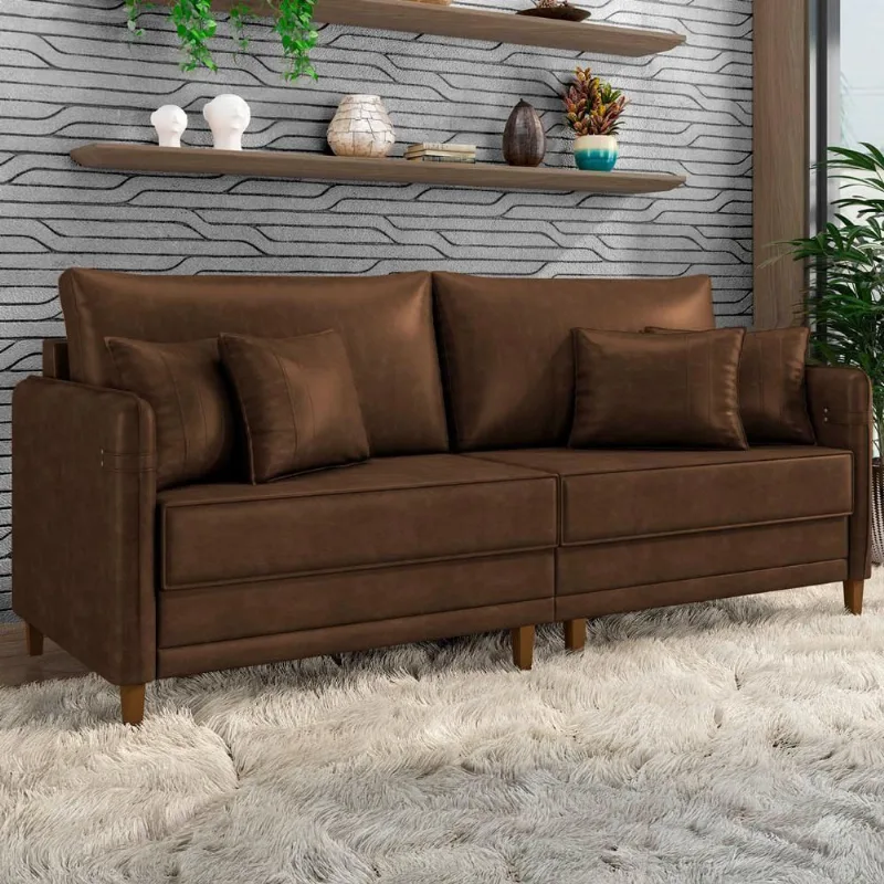 Sofá 2 Lugares Living 172cm Pé Madeira Zoe Sintético Marrom Z08 - Mpozenato