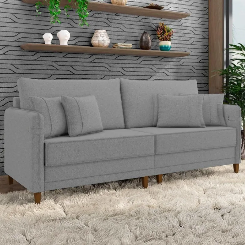 Sofá 3 Lugares Living 192cm Pé Madeira Zoe Linho Cinza Escuro Z08 - Mpozenato