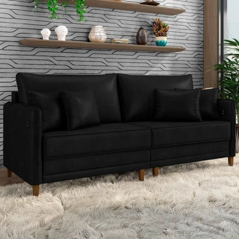Sofá 3 Lugares Living 212cm Pé Madeira Zoe Sintético Preto Z08 - Mpozenato