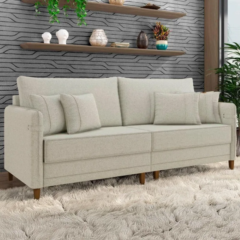 Sofá 3 Lugares Living 232cm Pé Madeira Zoe Linho Cru Z08 - Mpozenato