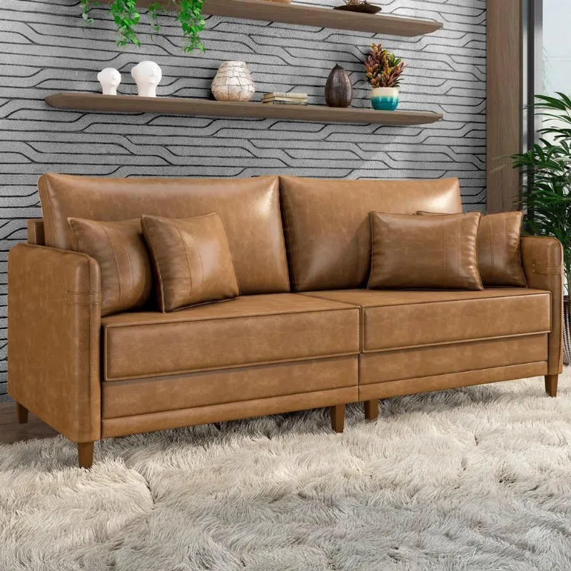 Sofá 4 Lugares Living 252cm Pé Madeira Zoe Sintético Camel Z08 - Mpozenato