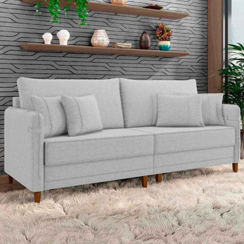 Sofá 4 Lugares Living 252cm Pé Madeira Zoe Linho Cinza Claro Z08 - Mpozenato