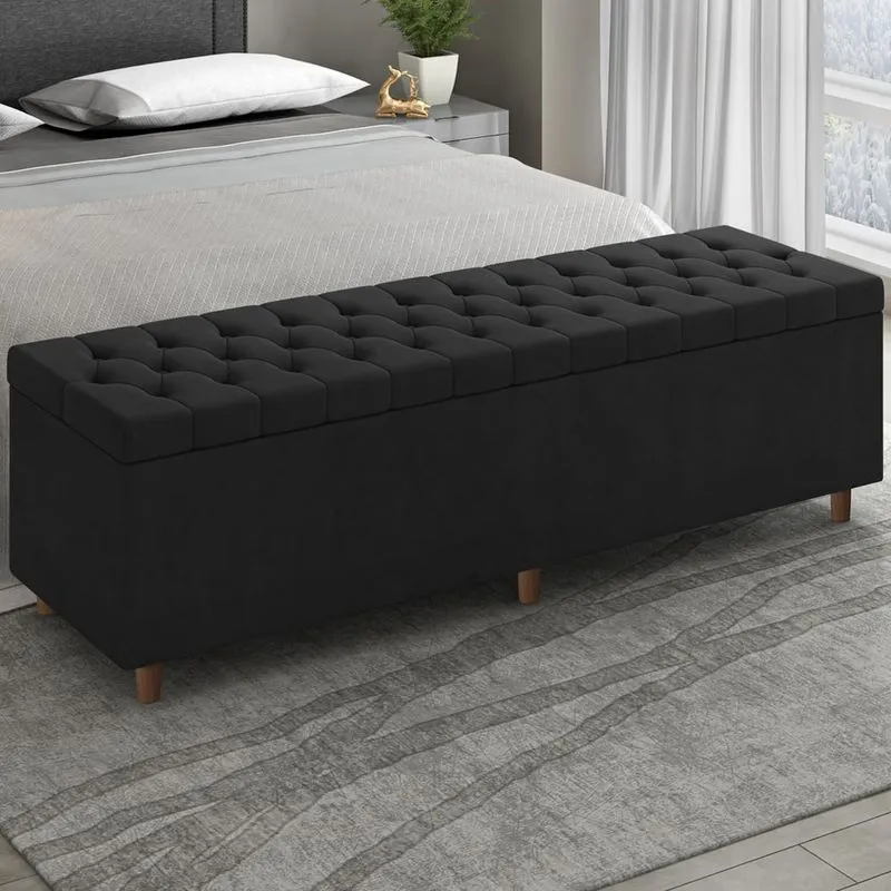 Recamier Baú Estofado Casal 140cm Indra Veludo Preto Z04 - Mpozenato