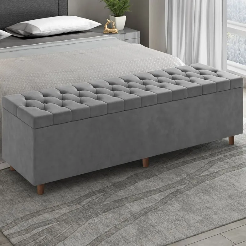 Recamier Baú Estofado Queen 160cm Indra Veludo Cinza Z04 - Mpozenato