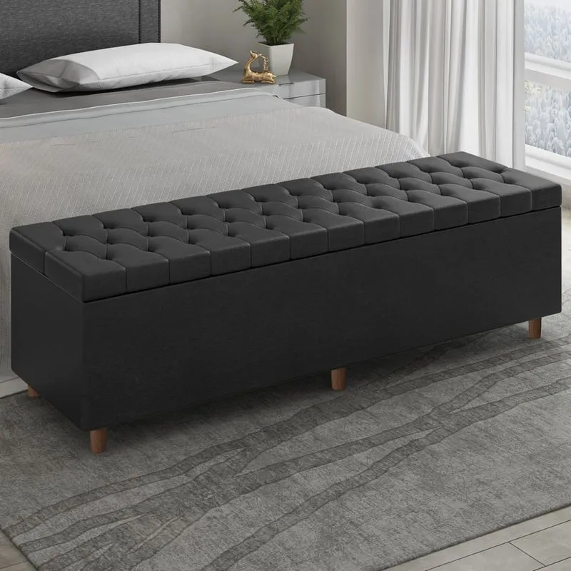 Recamier Baú Estofado Queen 160cm Indra Sintético Preto Z04 - Mpozenato