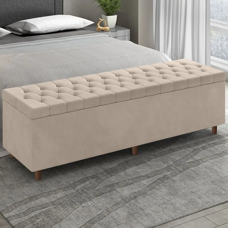 Recamier Baú Estofado King 193cm Indra Veludo Bege Z04 - Mpozenato