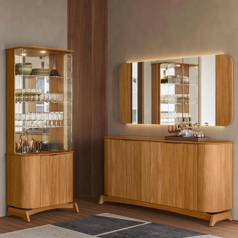 Buffet Aparador Cristaleira E Espelho Com Led Zuni Ypê N02 - Mpozenato