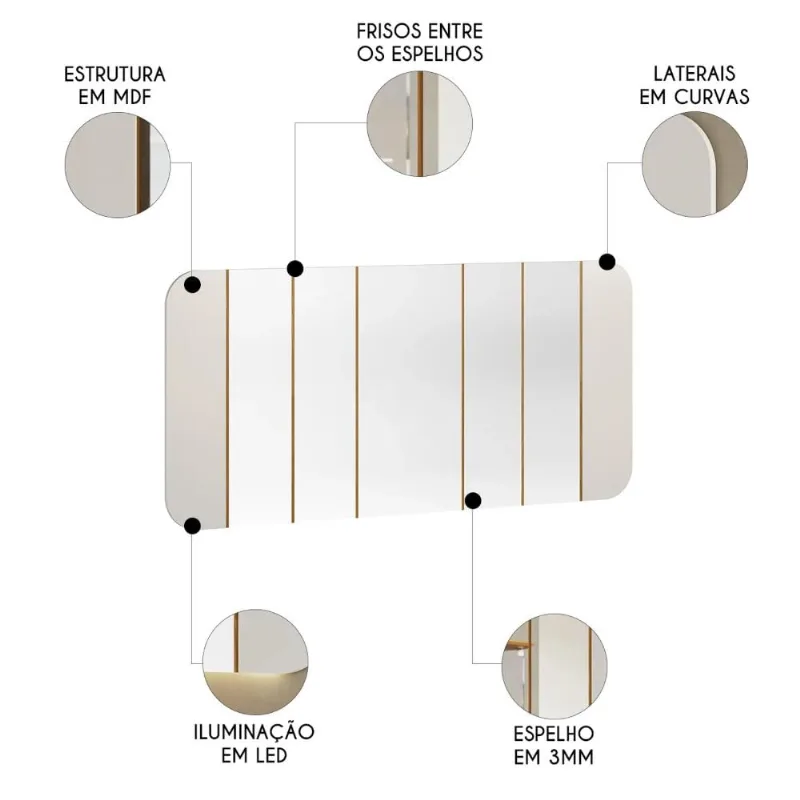 Espelho Decorativo Sala De Estar 152cm Com Led Zuni Off/ypê N02 - Mpozenato - Mpozenato