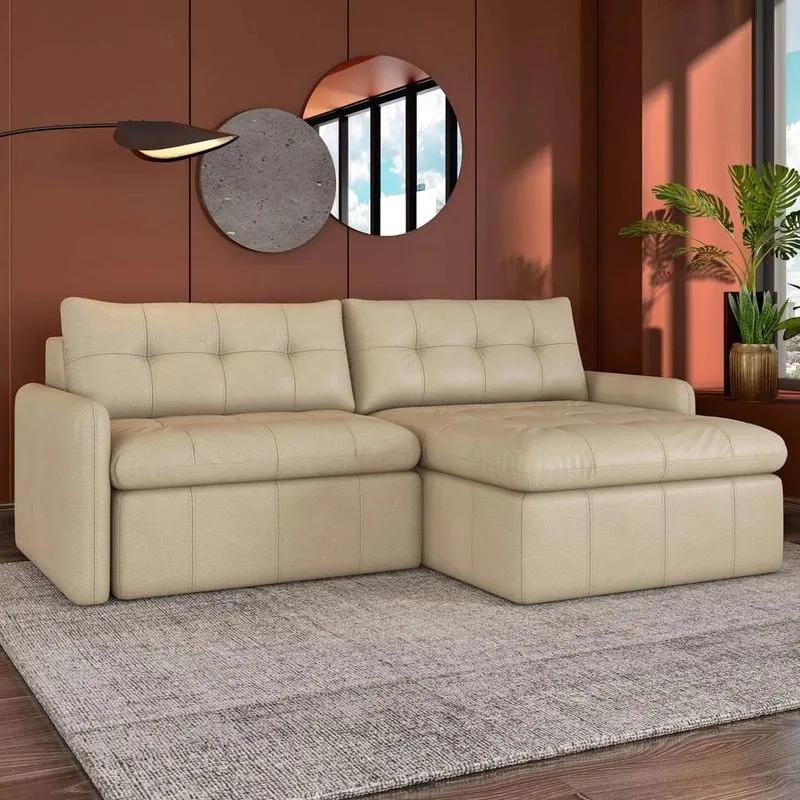 Sofá Retrátil 3 Lugares Para Sala 204cm Elios Couro Bege Z55 - Mpozenato