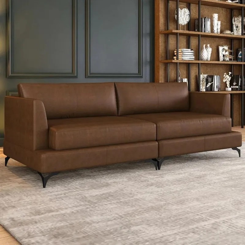 Sofá 3 Lugares Living 210cm Pé Ferro Soren Couro Caramelo Z55 - Mpozenato