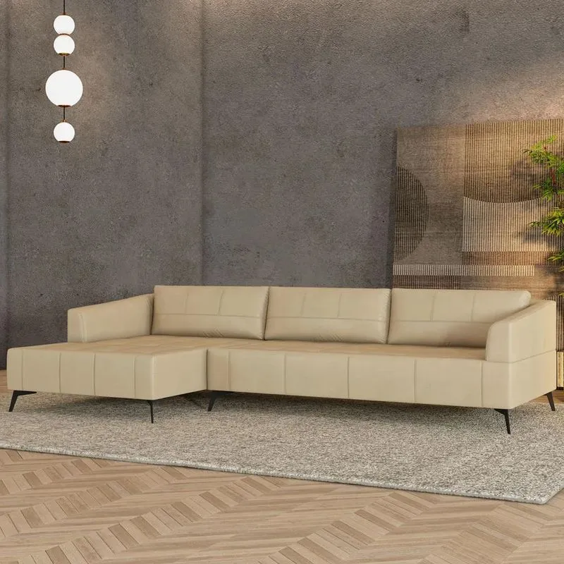 Sofá 4 Lugares 286cm Com Chaise Esquerdo Eko Couro Bege Z55 - Mpozenato