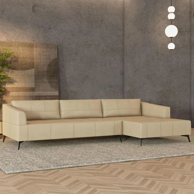Sofá 5 Lugares 346cm Com Chaise Direito Eko Couro Bege Z55 - Mpozenato