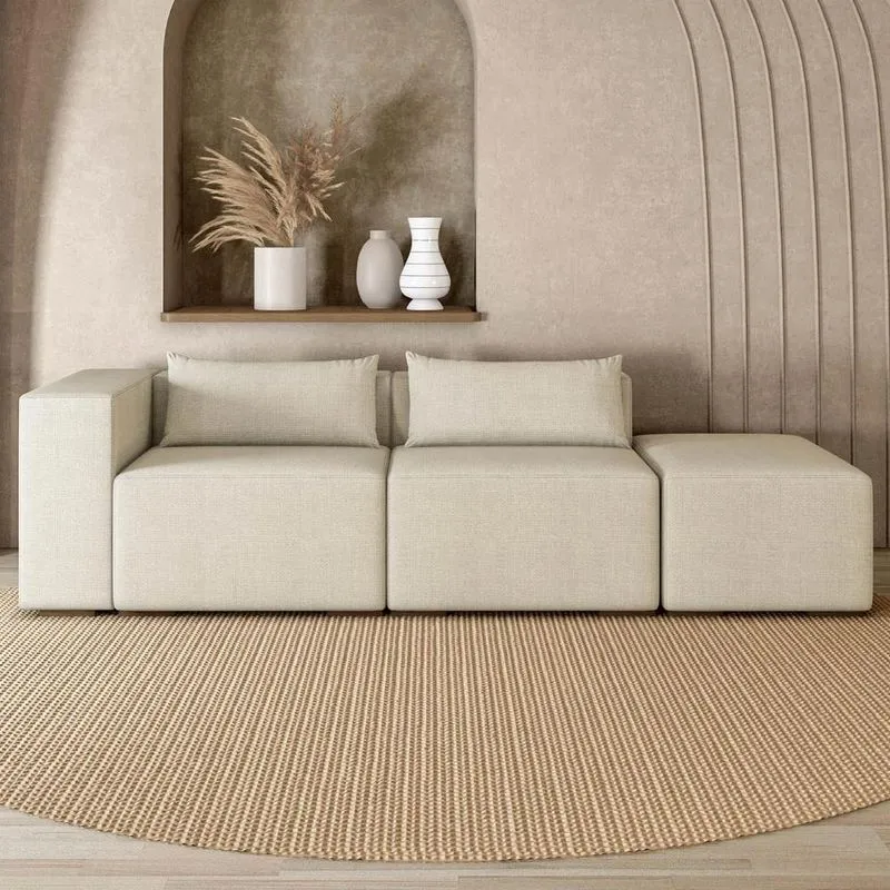 Sofá 5 Lugares 343cm Com Puff Direito Fay Linho Off White Z55 - Mpozenato
