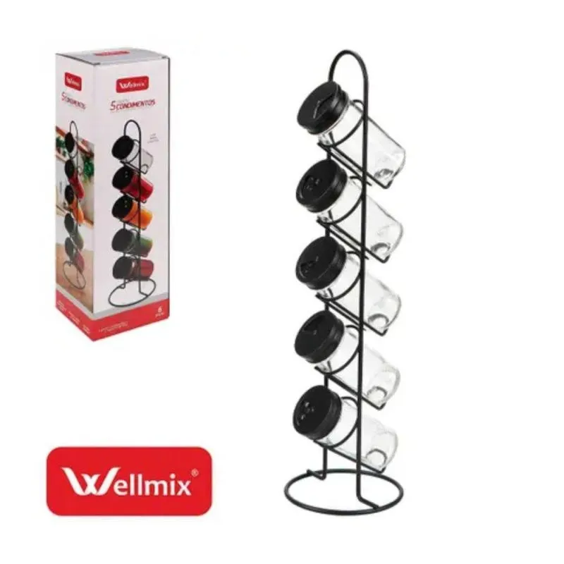 Conjunto 5 Porta Condimentos Com Suporte Vertical - Preta