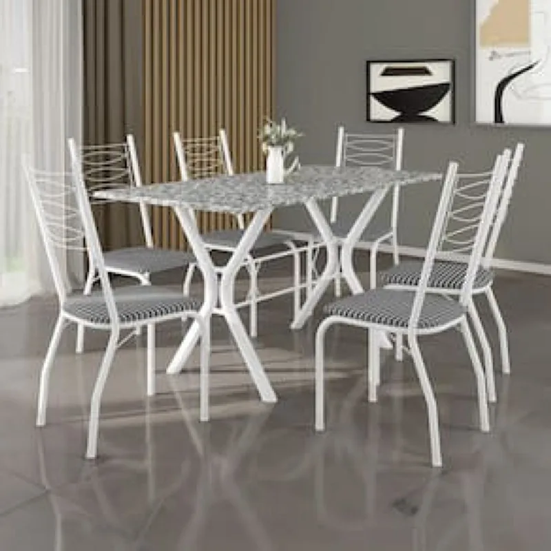 Mesa de Jantar de Granito Fabone Miami com 6 Cadeiras Estofadas Branco