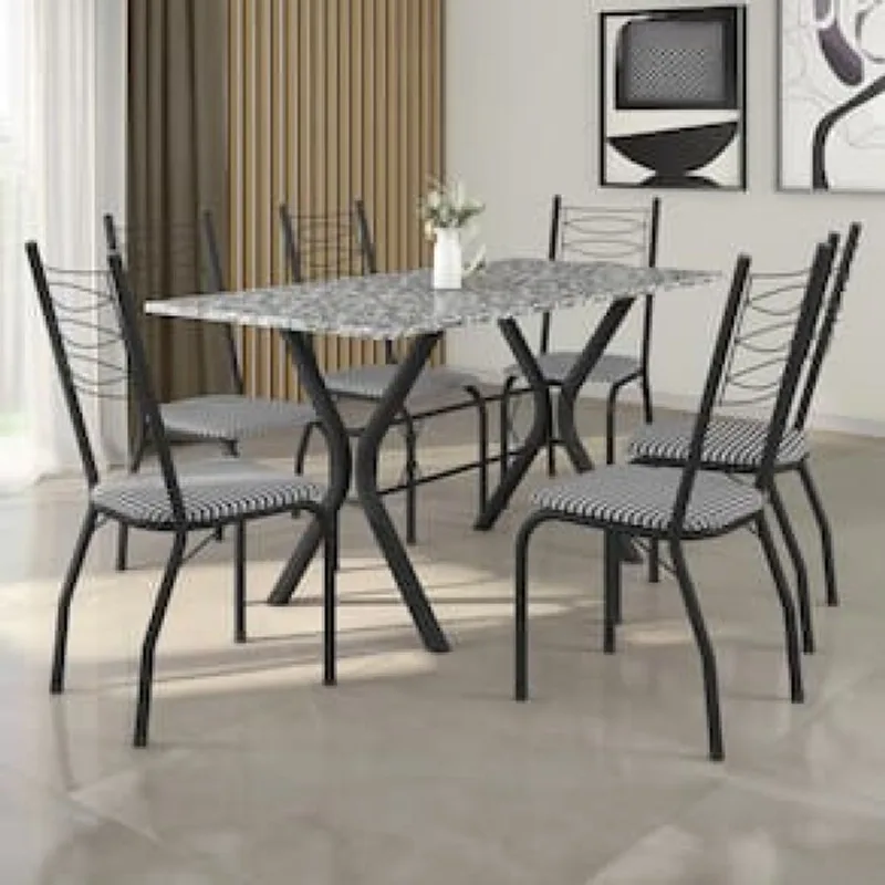 Mesa de Jantar de Granito Fabone Miami com 6 Cadeiras Estofadas Preto