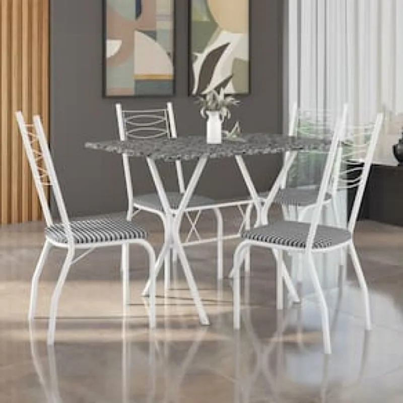 Mesa de Jantar de Granito Fabone Miami com 4 Cadeiras Estofadas Branco