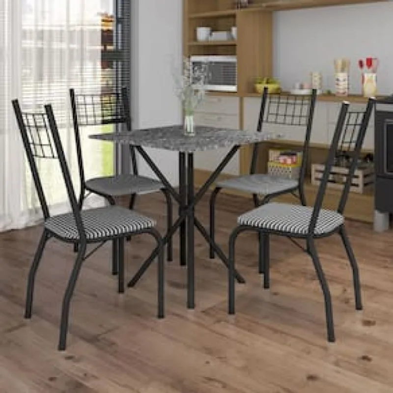 Mesa de Jantar de Granito Quadrada Fabone Brisa com 4 Cadeiras Estofadas Preto