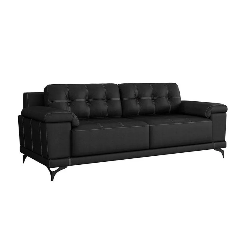 Sofá 3 Lugares Carrara Couro Preto Metal