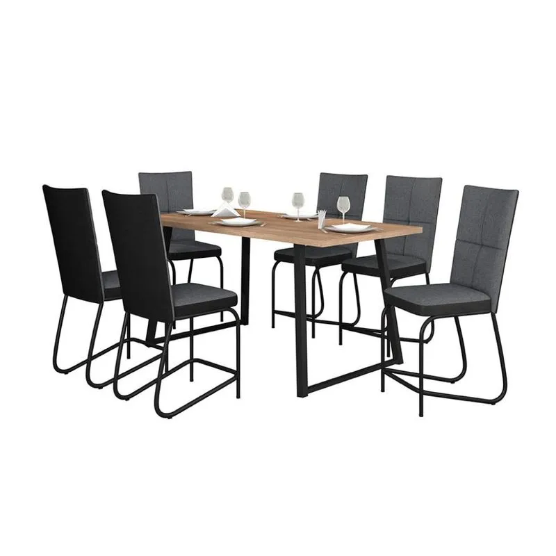 Conjunto de Mesa Retangular Atlanta MDP com 6 Cadeiras Mônaco Sintético Cinza e Preto