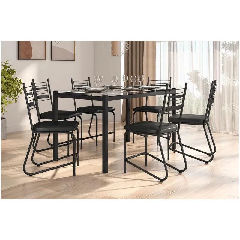 Mesa de Jantar 6 Cadeiras Artefamol Valência Retangular Aço Carbono e Vidro Preto