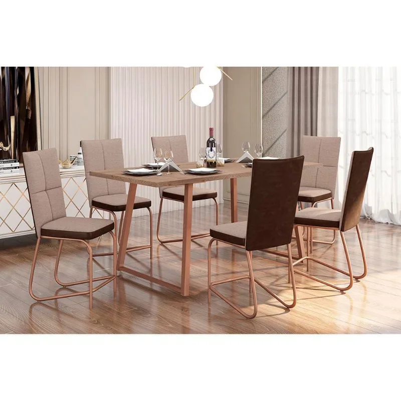 Conjunto de Mesa Jantar 6 Cadeiras Fabone Atlanta Aço Carbono Estofadas Corano Retangular 170x80 Laranja