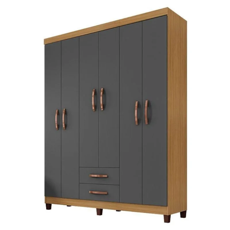 Guarda Roupa Casal Mogi 6 Portas de Bater 2 Gavetas Carvalho Americano Grafite MDP