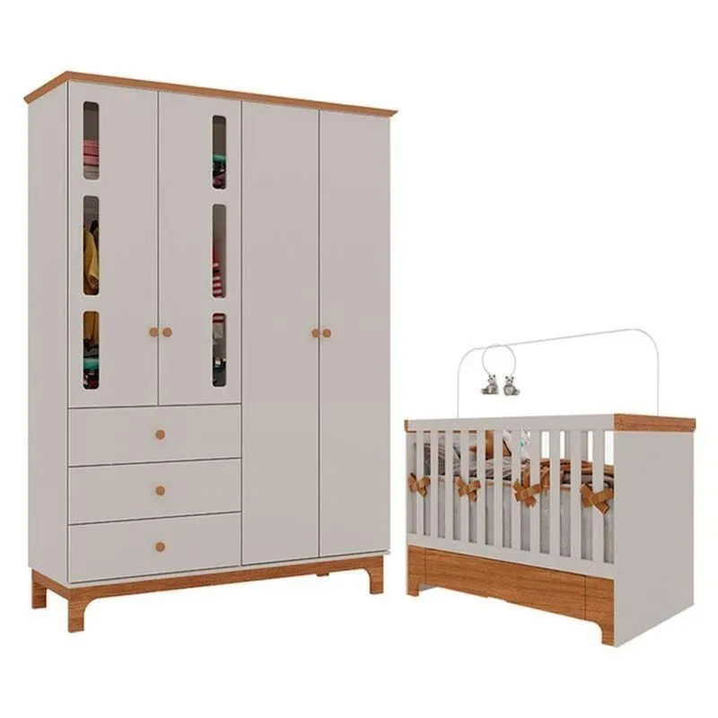 Berço Americano Mini Cama Com Gaveta E Guarda Roupa Infantil Antonella 4 Portas Off White Caramelo - Canaã