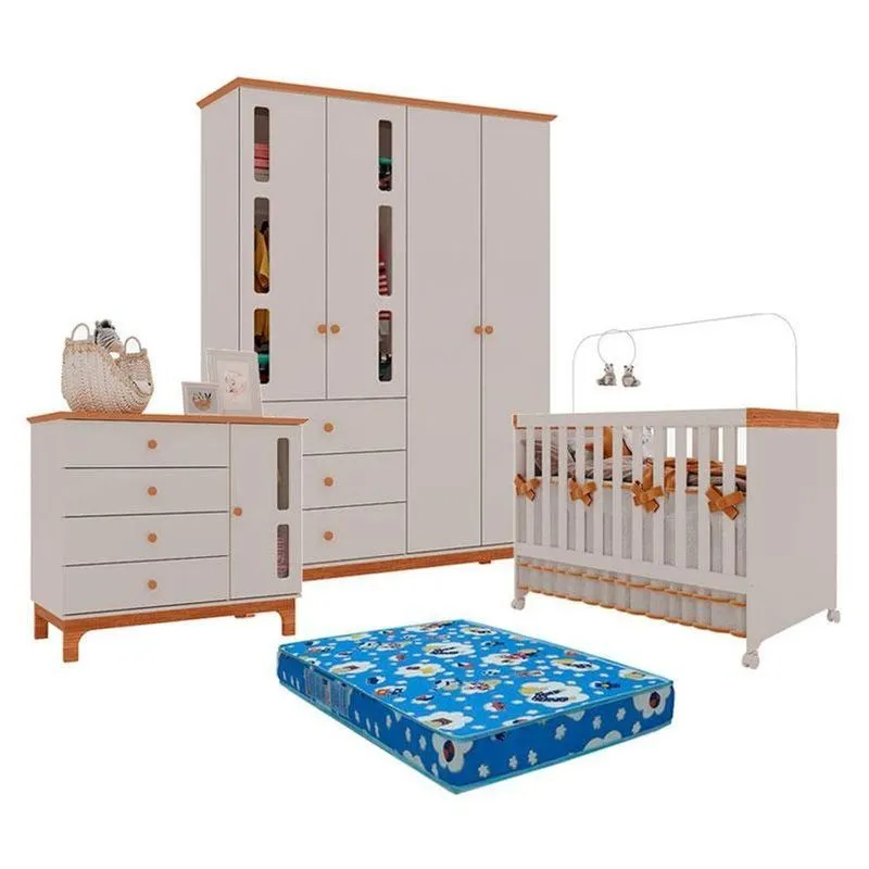 Quarto De Bebê Antonella 4 Portas Off White Caramelo Com Colchão Ortobom - Canaã