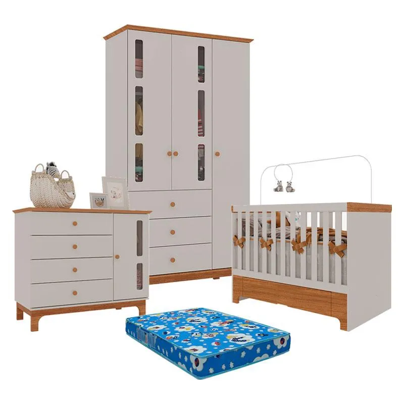 Quarto de Bebê 3 Portas e Berço com Gaveta Antonella Off White Caramelo com Colchão Ortobom – Canaã
