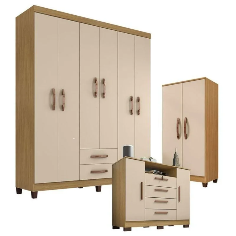Guarda Roupa Casal com Cômoda e Armário Multiuso Modena 10 Portas 6 Gavetas MDP Carvalho Americano