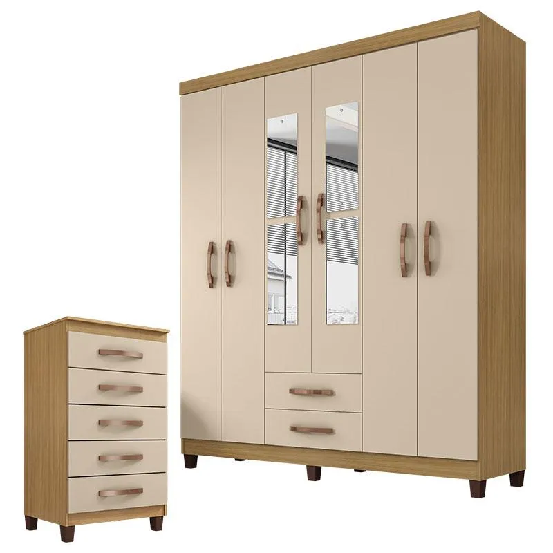Guarda Roupa Casal Modena com Espelho 6 Portas e Cômoda Cannes 5 Gavetas Carvalho Americano Off White – Incorplac