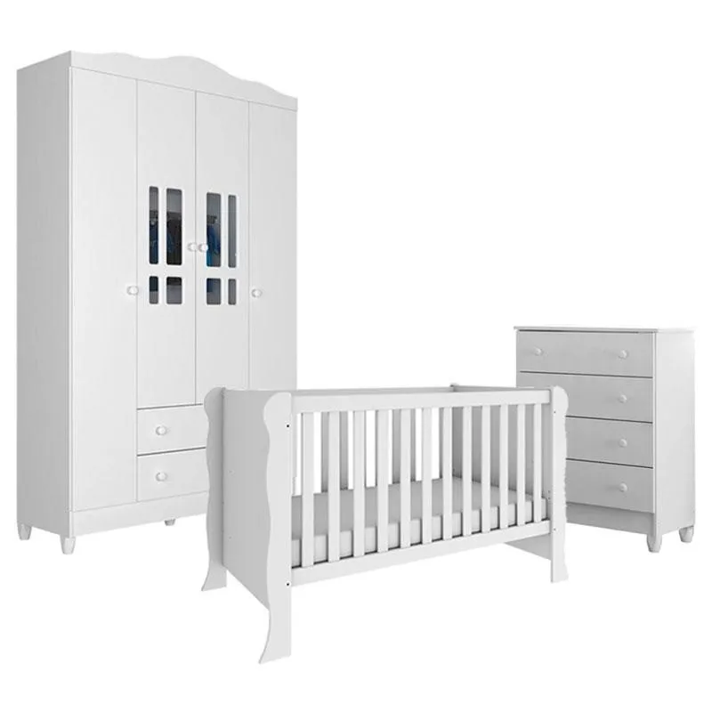 Quarto de bebê 4 Portas com Gaveteiro Ariel Branco Brilho – Carolina