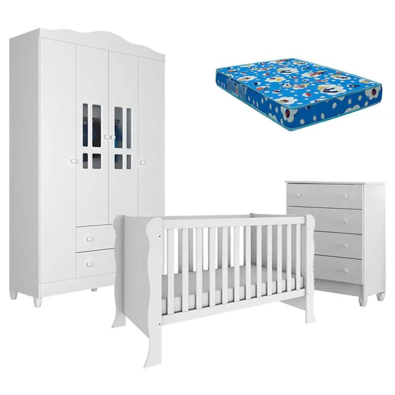 Quarto de bebê 4 Portas com Gaveteiro Ariel Branco Brilho com Colchão Ortobom – Carolina