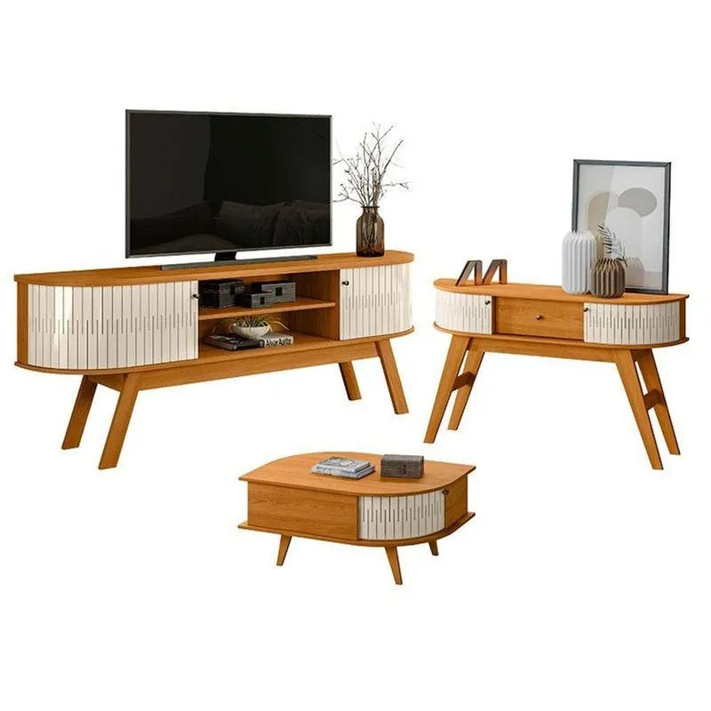 Rack Bancada Valência E Aparador Estoril Com Mesa De Centro Indianápolis Cinamomo Off White - Madetec