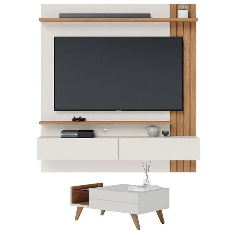 Mesa De Centro Noronha Com Painel Para Tv Suspenso Juriti 1.5 Off White Matte Freijó - Colibri