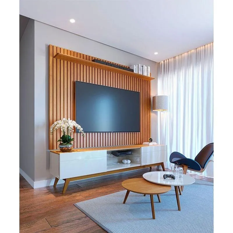 Rack Bancada Ambiente Classic 2 Gavetas Com Painel Para Tv Suspenso Ripado Loft 2.2 Off White Nature - Imcal